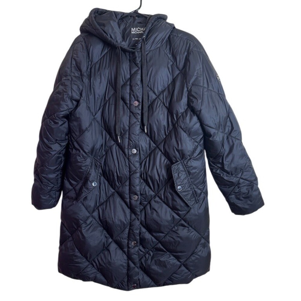 Michael Kors Coat Womens Size L Black Hooded Quilted Long Puffer Jacket